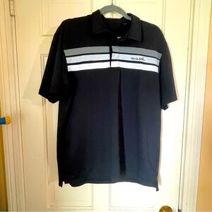 Travis Mathew Polo Shirt Mens Medium Black Grey Striped Short Sleeve Golf